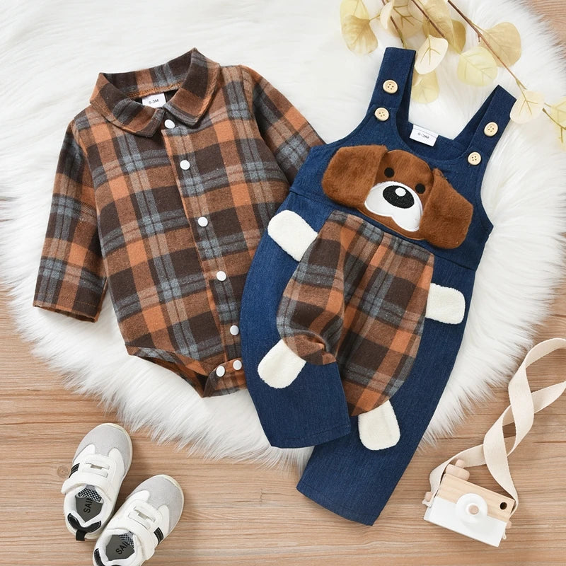 0-18M Baby Boys Spring Fall Clothes Set Newborn Infant Long Sleeve Plaid Shirt Romper + Animal Dog Denim Suspender Pant Overalls