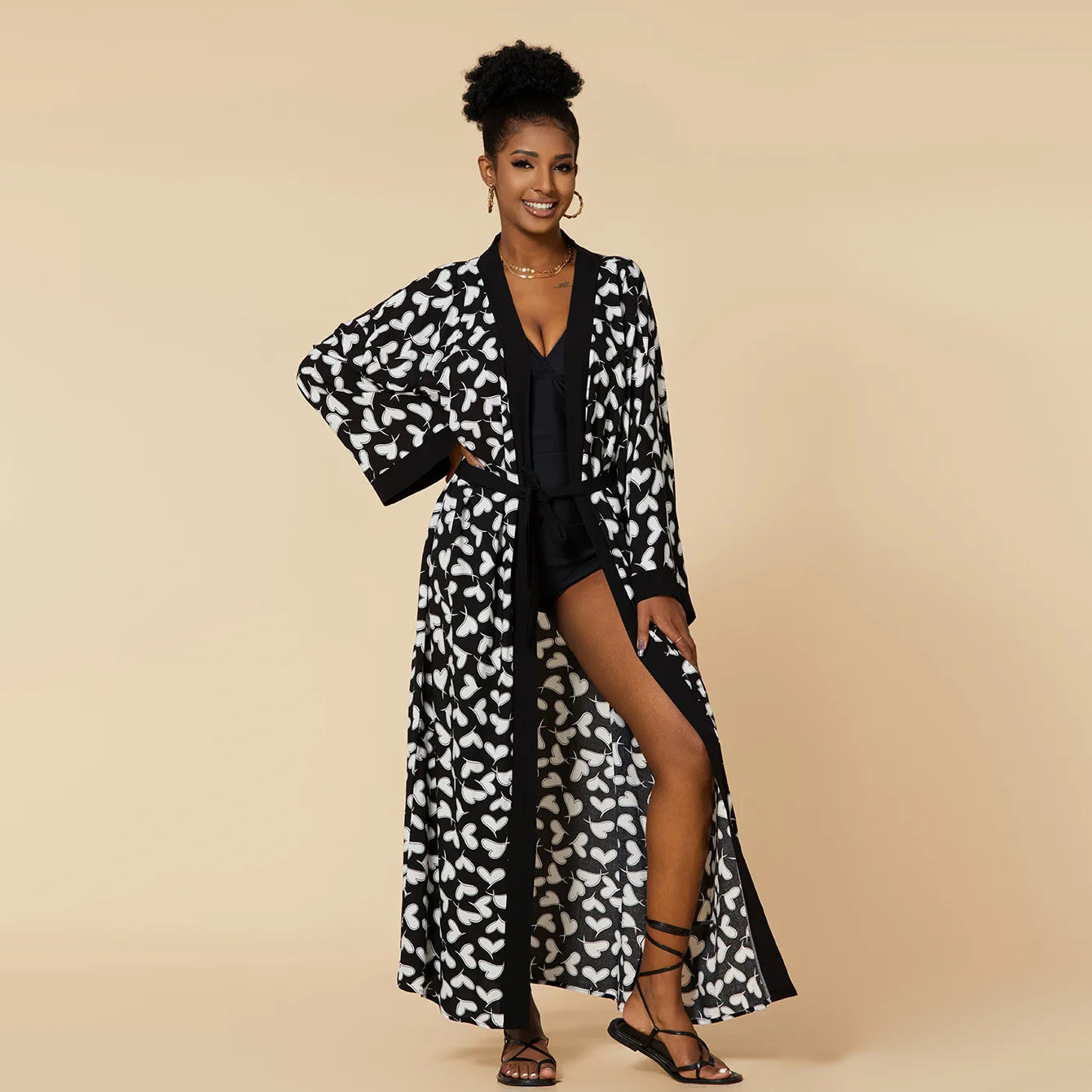 Women Long Beach Kimono Curve Hem Loose Open Front Tie Dye Bathing Suit Cover up