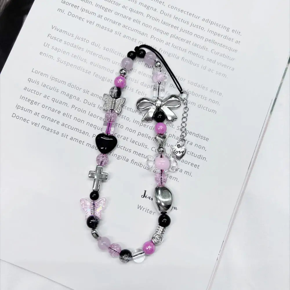 Bowknot Beaded Mobile Phone Chain Charm Acrylic Heart Beaded Pendant Phone Hanging Lanyard Strap Women Girls Sweet Accessories
