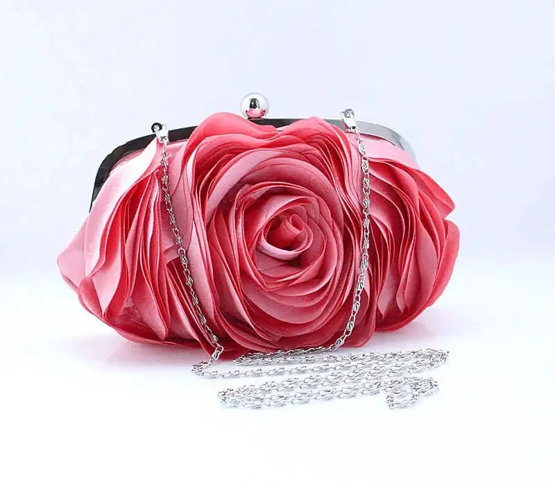 Women Rose Flower Evening Bag Ladies Floral Pink Handbag Bridal Wedding Party Purse Fashion Beatiful Small Day Clutch Chain