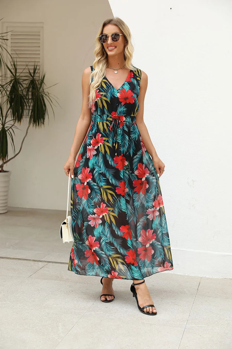 Women's Summer New Fashionable Printed Sexy V-neck Sleeveless Bareback Strap With Waist Drawstring Casual Loose Long Dress