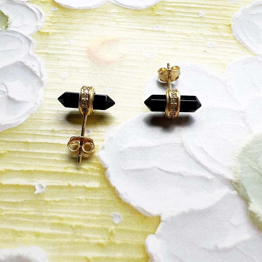 Gold Plated Ear Studs Hexagonal Onyx Europe Vintage Fine Jewerly For Women Gift In Pure 925 Sterling Silver