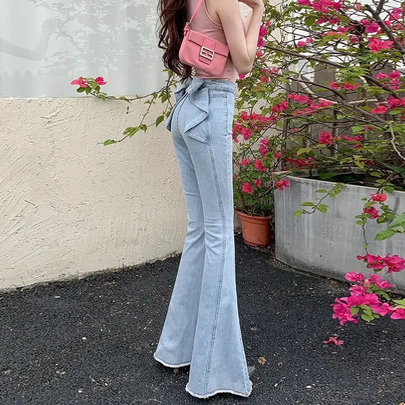 Spring Summer New High Waist 3D Butterfly Knot Denim Pants Women's European Style Slimming Butt Lifting Flared Trousers