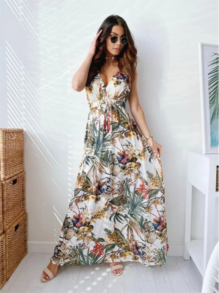 Women's Summer New Fashionable Printed Sexy V-neck Sleeveless Bareback Strap With Waist Drawstring Casual Loose Long Dress