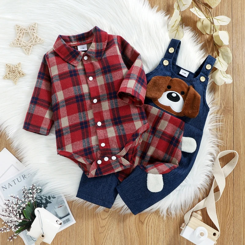 0-18M Baby Boys Spring Fall Clothes Set Newborn Infant Long Sleeve Plaid Shirt Romper + Animal Dog Denim Suspender Pant Overalls