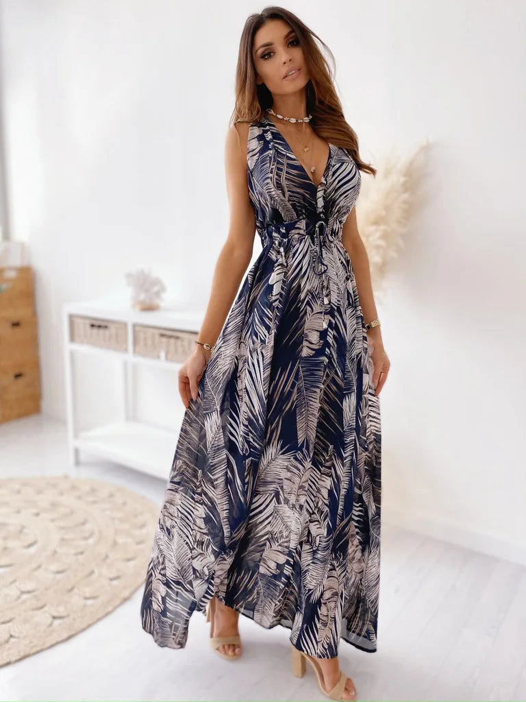 Women's Summer New Fashionable Printed Sexy V-neck Sleeveless Bareback Strap With Waist Drawstring Casual Loose Long Dress