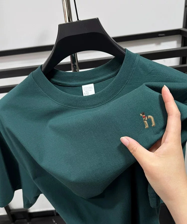100% pure cotton new high-end brand men's round neck short sleeved T-shirt summer fashion dog embroidery Korean loose design top