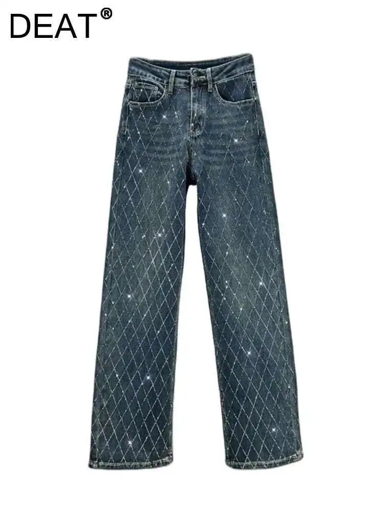 DEAT Women's Jeans High Waist One Side Plaid Shape Diamonds Straight Wide Leg Classic Denim Pants 2025 New Fashion Summer