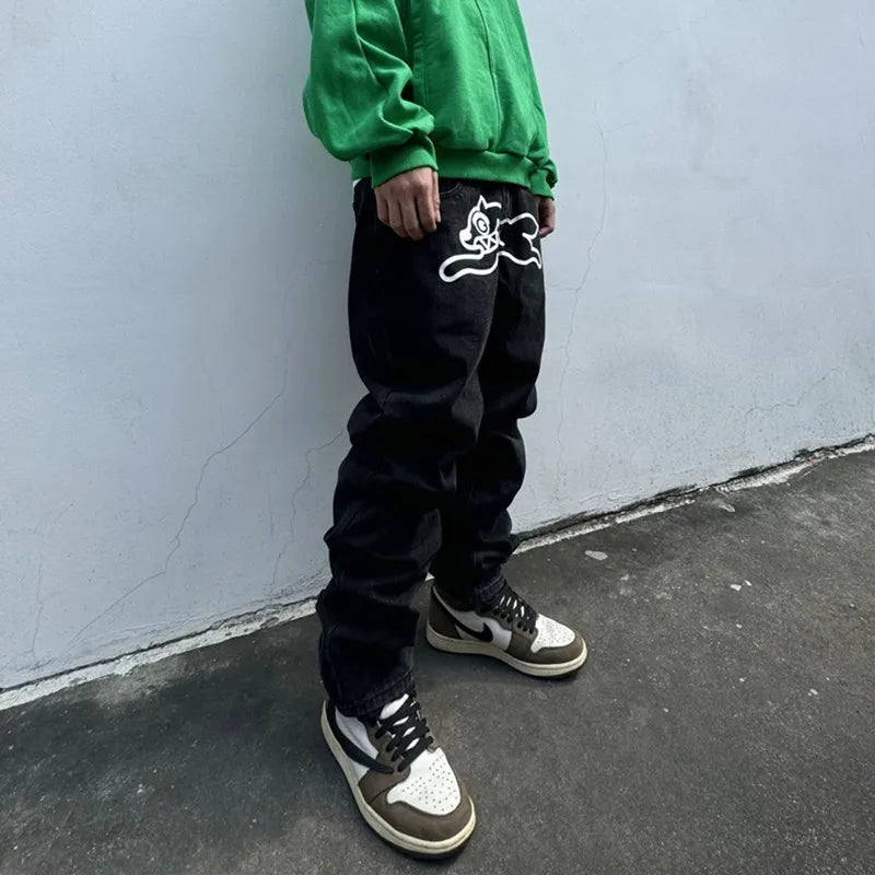 2024 Cyber Y2K Fashion Flying Dog Printed Baggy New Jeans Pants For Men Designer Clothes Luxury Kanye Straight Cowboy Trousers