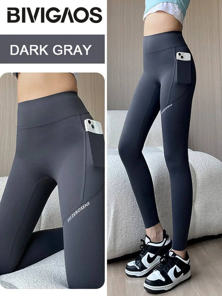 BIVIGAOS Side Pocket Shark Leggings Women Thin Spring Summer Seamless Sports Fitness Leggings High Waist Running Yoga Leggings