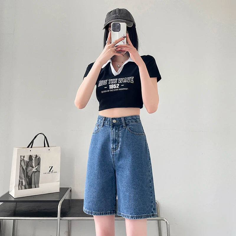 2024 Summer New Women Shorts Jeans Baggy Straight Vintage Streetwear Jeans Shorts Women Clothing Blue Black Y2K