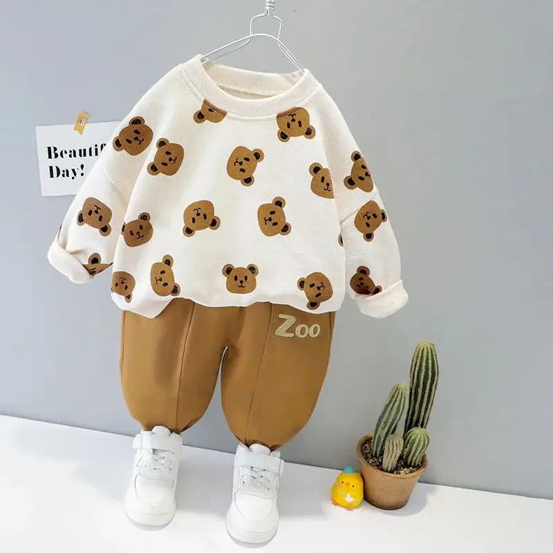 0-5-year-old cartoon two-piece set of long-sleeved spring new boys and girls casual sports suits top+pants mother kids