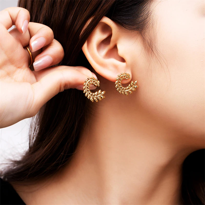 316L Stainless Steel New Fashion Fine Jewelry Concise Spiral C-Shaped Ear Of Wheat Leaves Tender Branches Stud Earring For Women