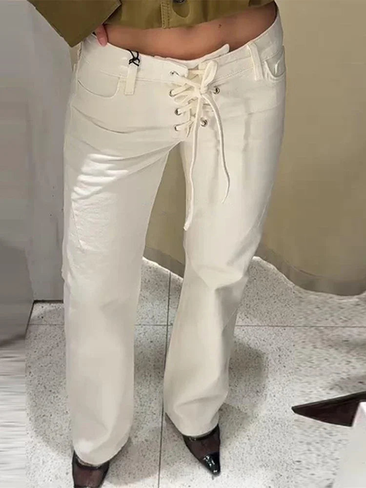 Fashion Solid Rivets Denim Long Pants Women Y2K High Waist Pockets Zipper Beads Straight Jeans Lady Wide Leg Trousers Streetwear
