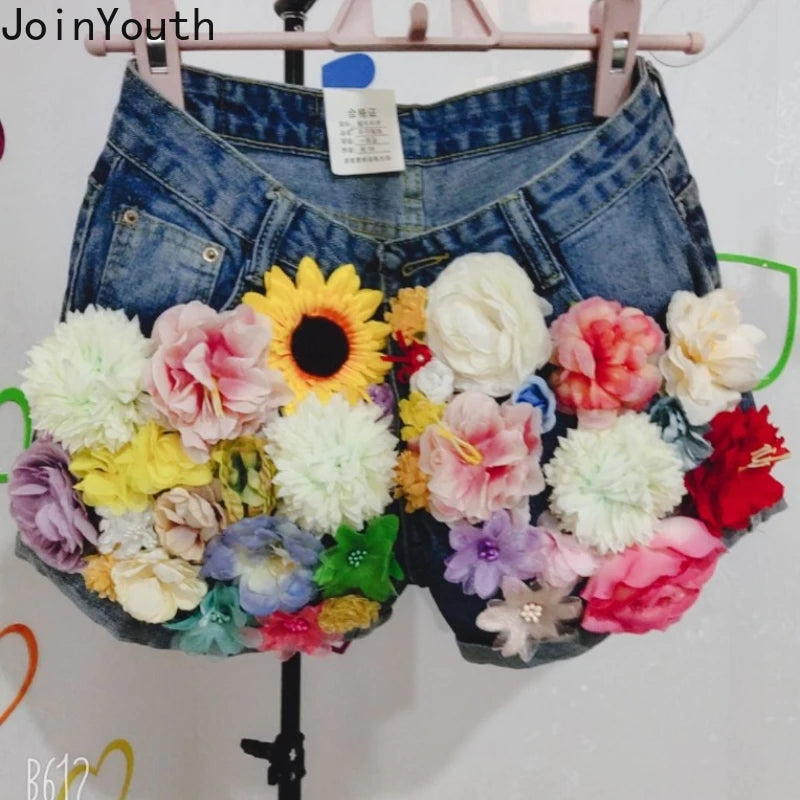 Denim Shorts Women Clothing Streetwear Fashion Jean Shorts 2025 New Bottoms Beading 3D Floral Casual Pantalones Cortos De Mujer