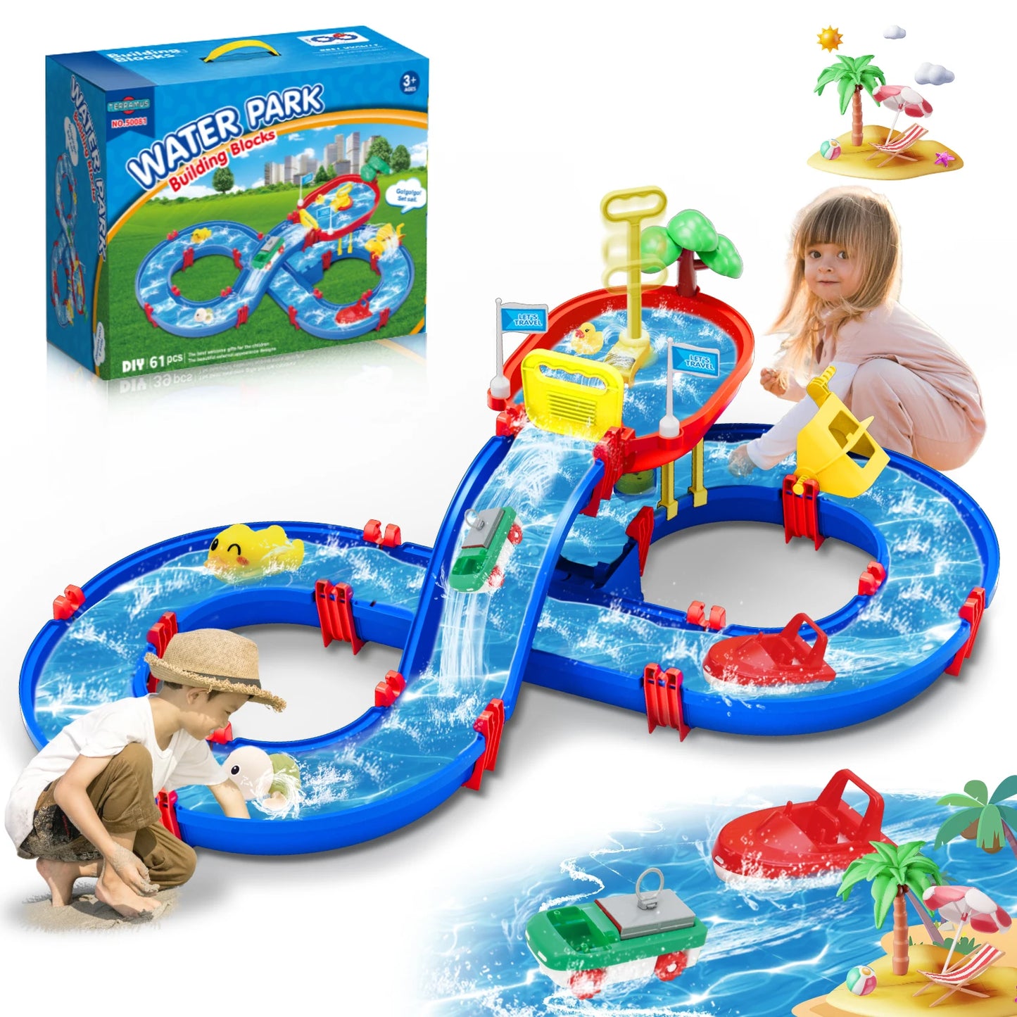 VATOS Summer Outdoor Kids Water Table 2-Tier Toddlers Water Table Playset Pool Waterway Toy with Pump Outside Activity Kids Fun