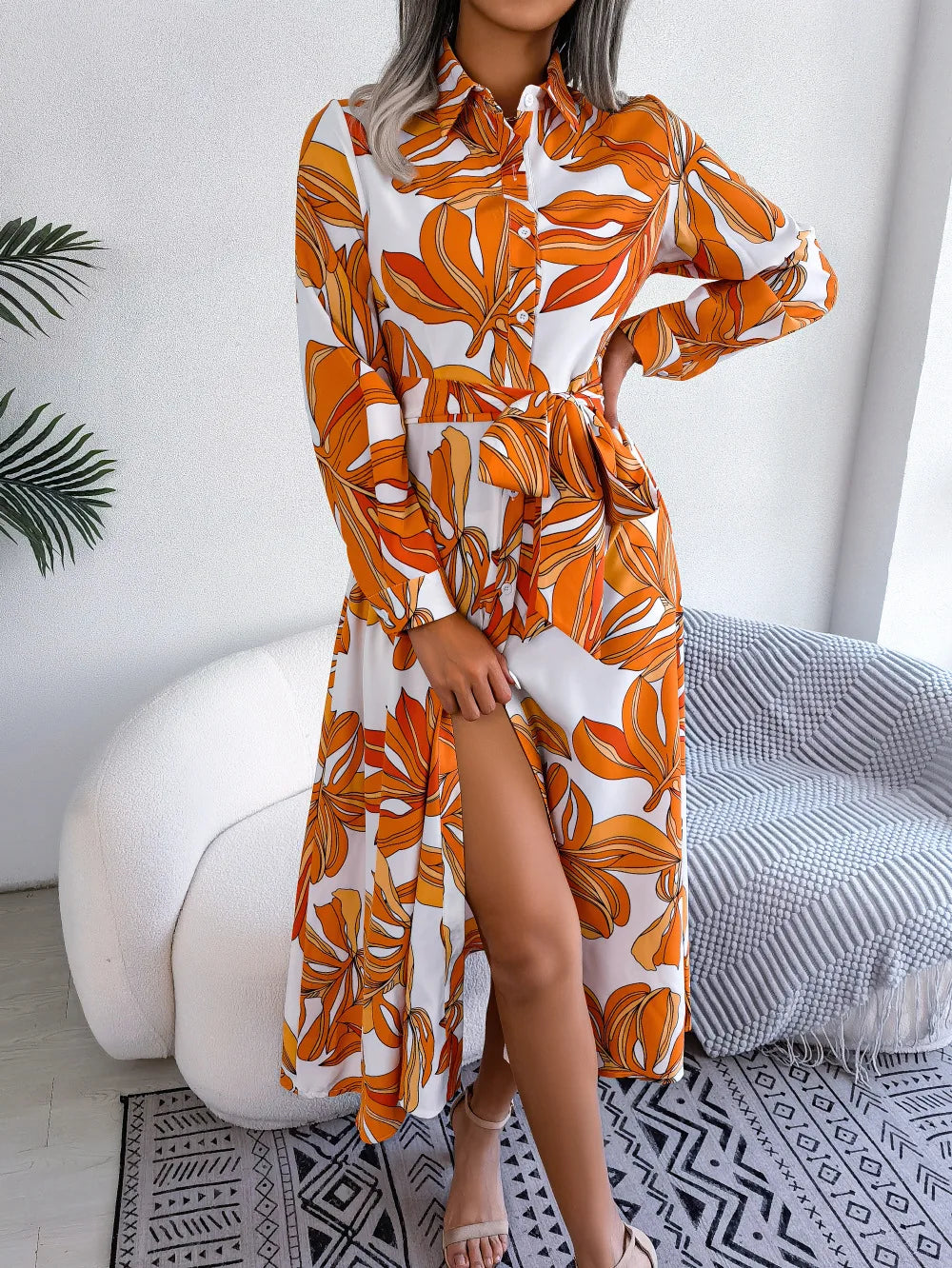 Women's Spring Summer New Fashion Print Contrasting Flower Lapel Tie Waist Cinched Long Sleeved Shirt Skirt Mid Length Skirt