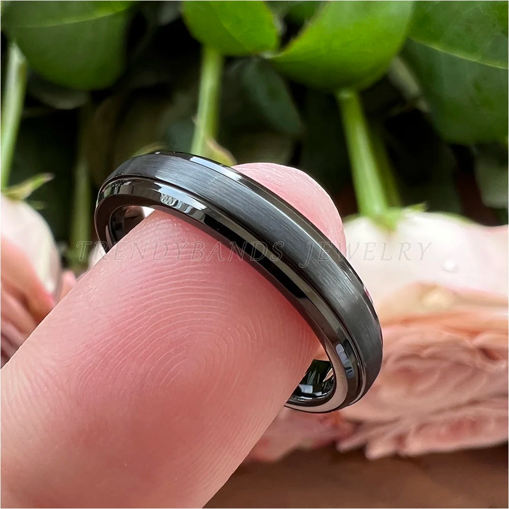 4mm Black Womens Mens Jewelry Tungsten Carbide Ring Wedding Band With Stepped Beveled Edges Brushed Finish Comfort Fit