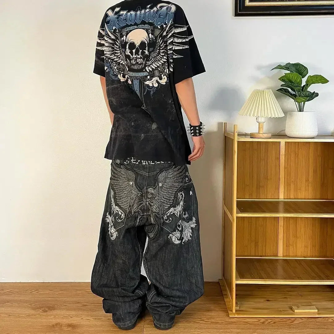 2024 New American Fashion Retro Hip hop Embroidery Pattern Baggy Jeans For Mens Womens Y2K Harajuku Gothic Wide Pants Streetwear