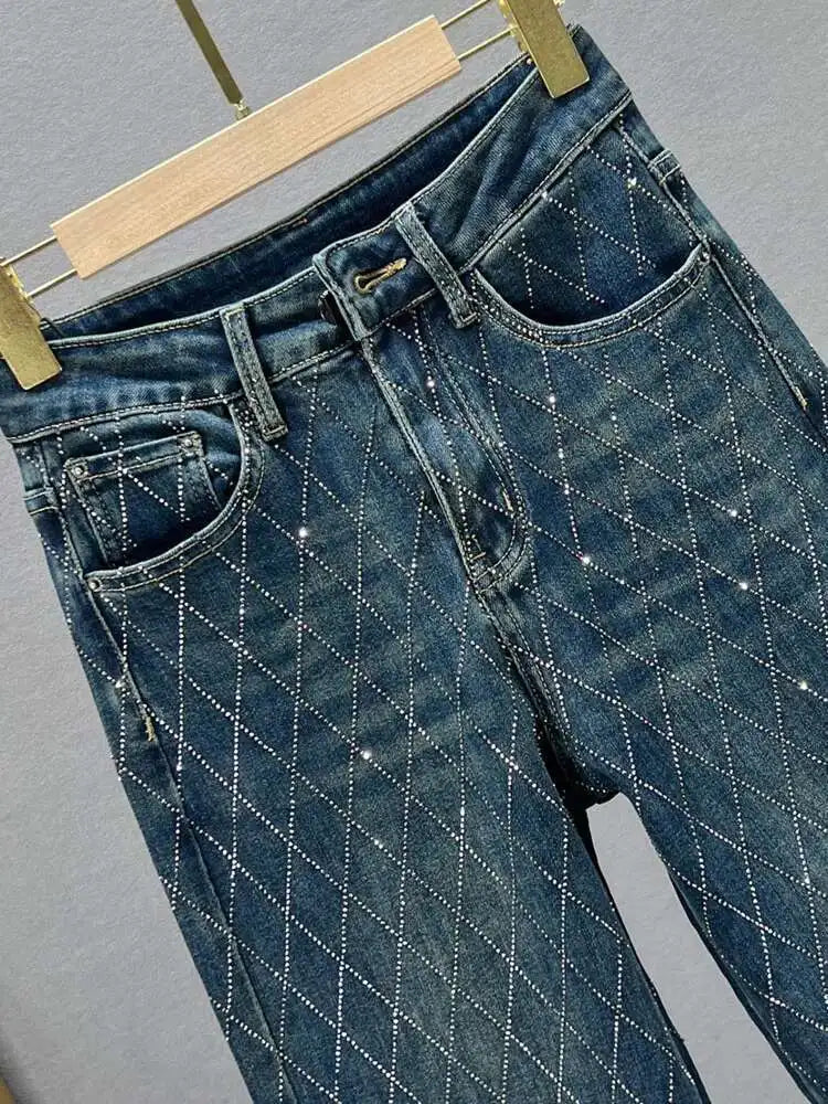DEAT Women's Jeans High Waist One Side Plaid Shape Diamonds Straight Wide Leg Classic Denim Pants 2025 New Fashion Summer