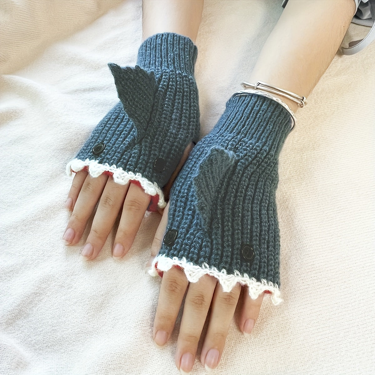 1pair Funny Handmade Shark Gloves - Wool Winter Warm Half-finger Gloves for Christmas Gifts