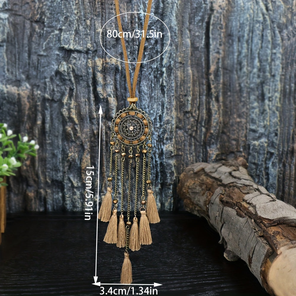 Brown Boho Ladies Pendant Necklace 1 Round Hollow Pendant Set With Rhinestone And Khaki Chain Tassel Jewelry