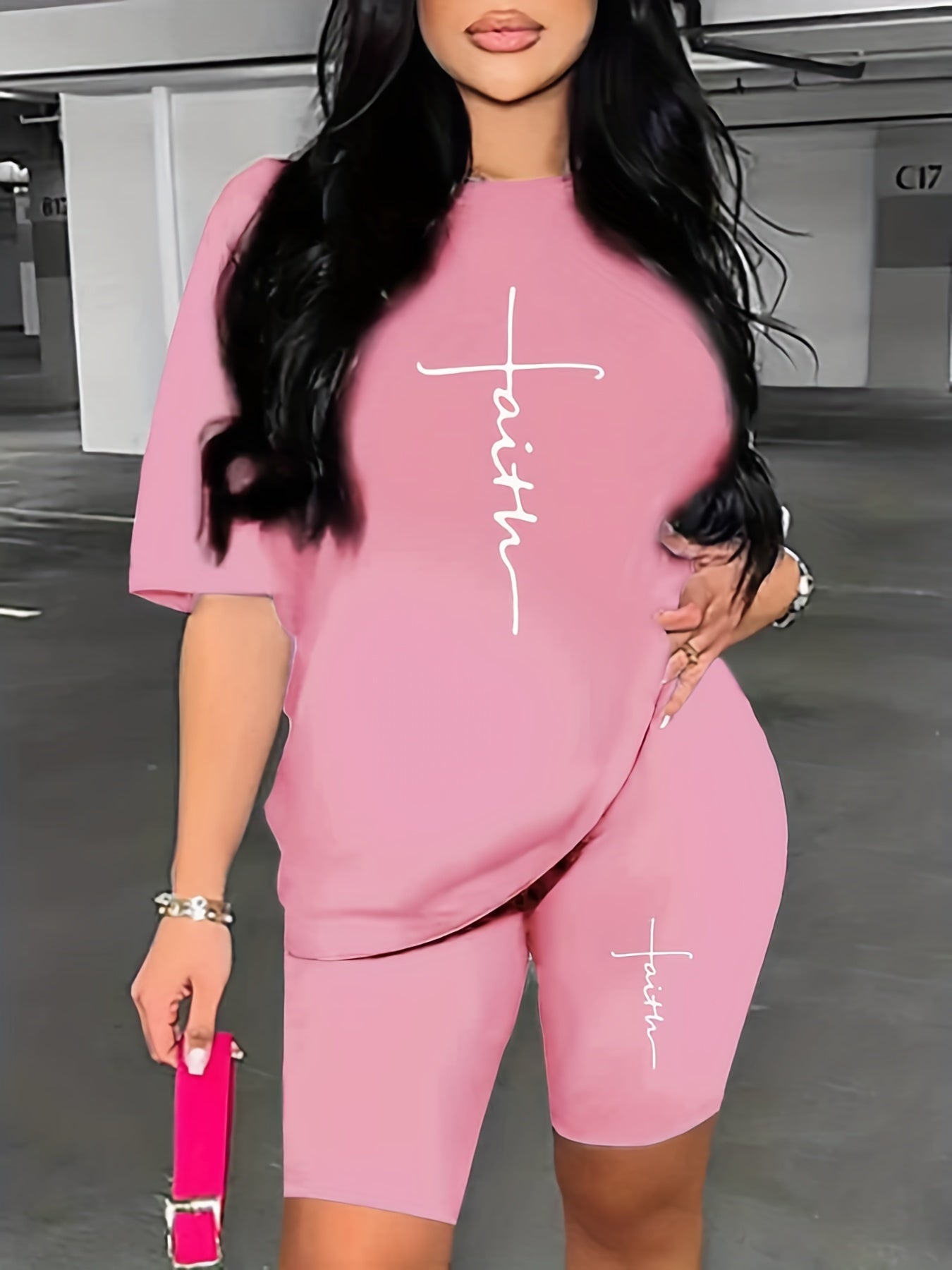 2-Piece Faith & Cross Print Crew Neck Short Sleeve T-Shirt & Shorts Set - Soft Mid-Elasticity Polyester Knit Fabric, Striped Pattern, Positioning Printing, Perfect for Spring & Summer Casual Wear