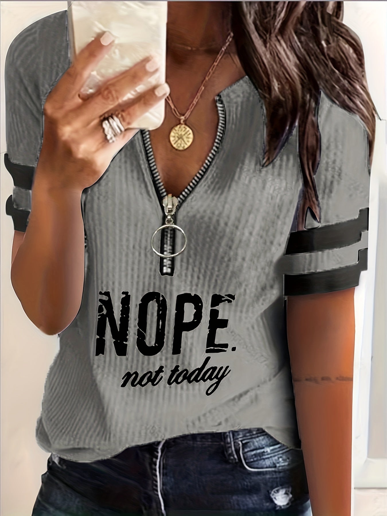 Stripe & Letter Print Zipper Front T-Shirt for Women, Casual Short Sleeve Summer Tops