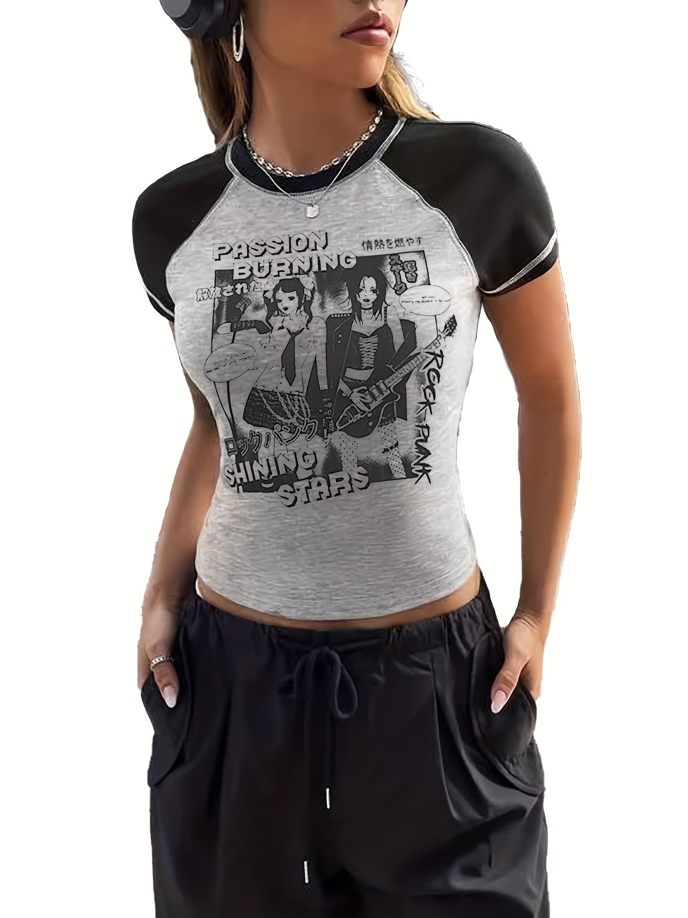 Anime Print Crew Neck Crop T-Shirt, Casual Short Sleeve Top For Spring & Summer, Women's Clothing
