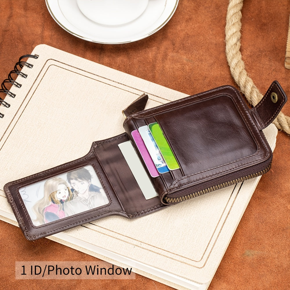 Men's Retro Genuine Leather Multi-Card Wallet with Zip, Large Capacity, Anti-Theft