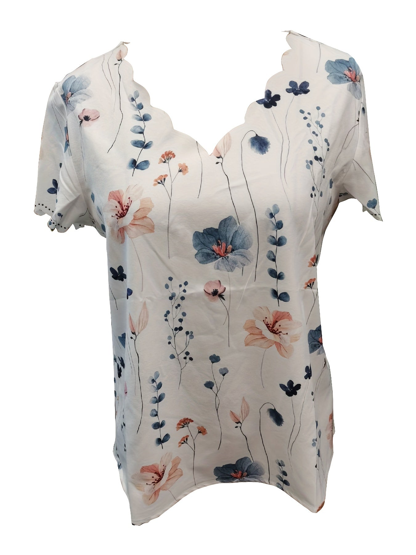 Vibrant Floral Print Scallop Trim T-Shirt - Relaxed Casual Fit, Flattering V Neck, Short Sleeves for Warm Weather Comfort - Perfect for Spring and Summer Seasons, Womens Everyday Wear