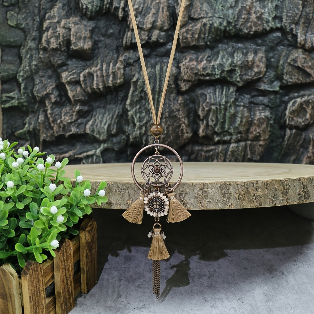 Brown Boho Ladies Pendant Necklace 1 Round Hollow Pendant Set With Rhinestone And Khaki Chain Tassel Jewelry