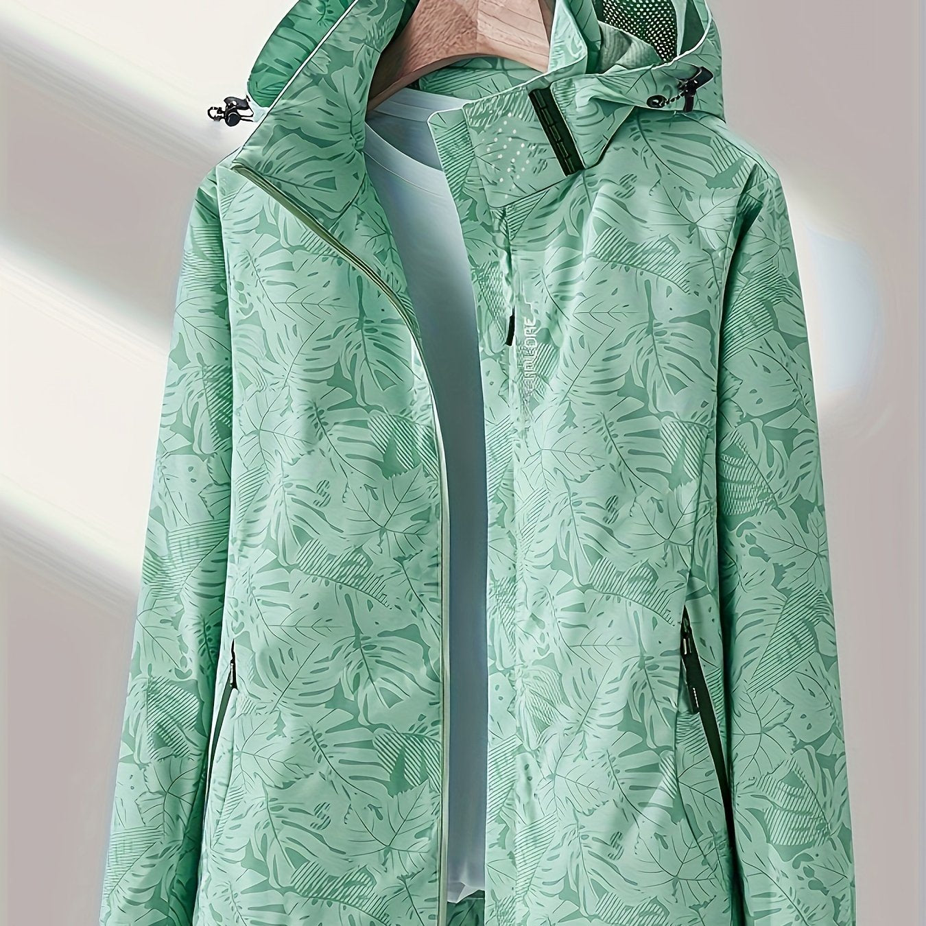 Women'S Lightweight Hooded Jacket - Casual Zip-Up Outdoor with Tropical Leaf Print, Removable Hood & Adjustable Cuffs for Spring Summer Fall, Hiking, Travel, Camping, Camping Gear