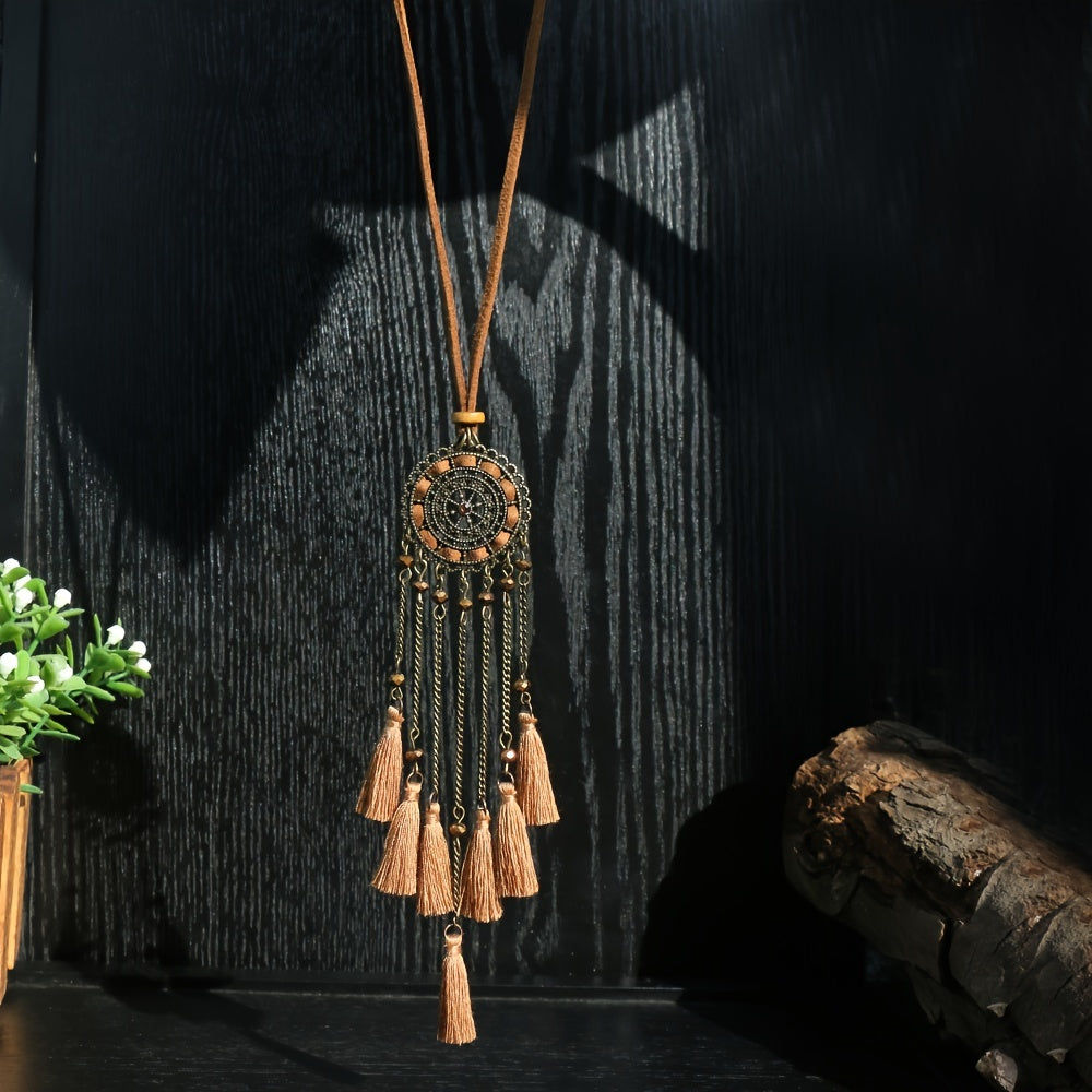 Brown Boho Ladies Pendant Necklace 1 Round Hollow Pendant Set With Rhinestone And Khaki Chain Tassel Jewelry