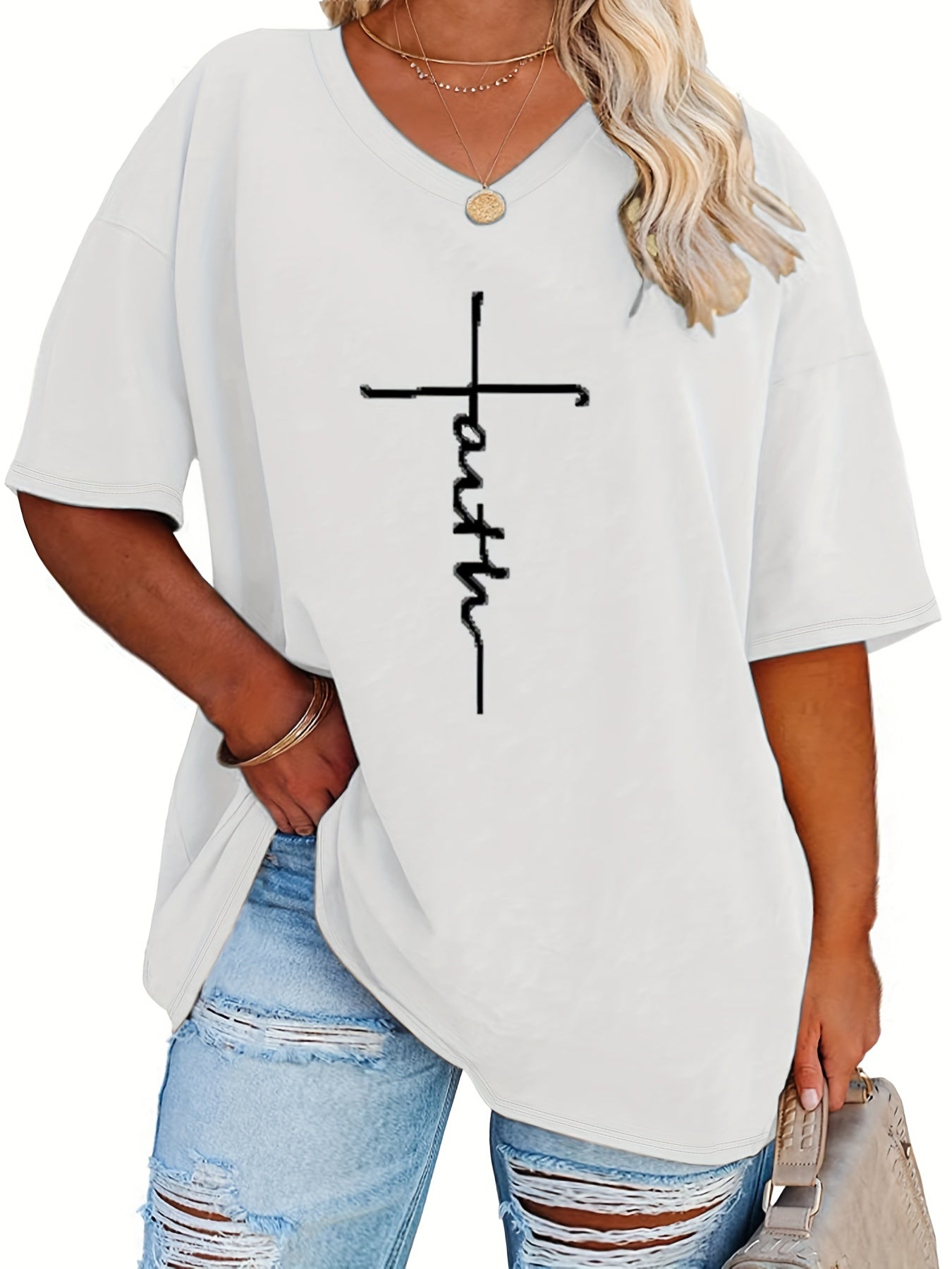 Plus Size Womens V Neck Casual T-shirt - Soft Slight Stretch Polyester Fabric, Alphabets Letter Print, Short Sleeve, Machine Washable - Perfect for Summer