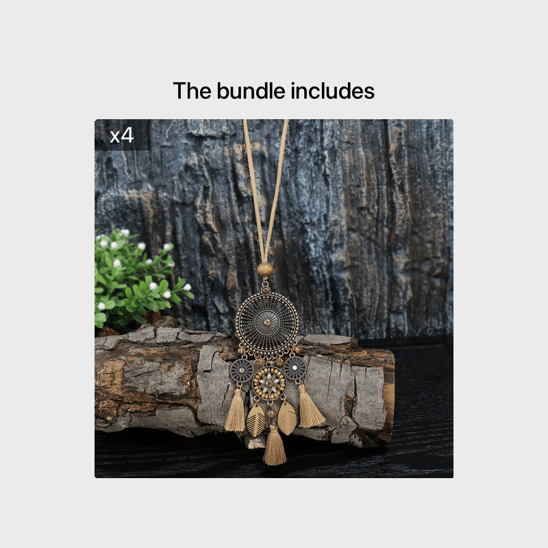 Brown Boho Ladies Pendant Necklace 1 Round Hollow Pendant Set With Rhinestone And Khaki Chain Tassel Jewelry