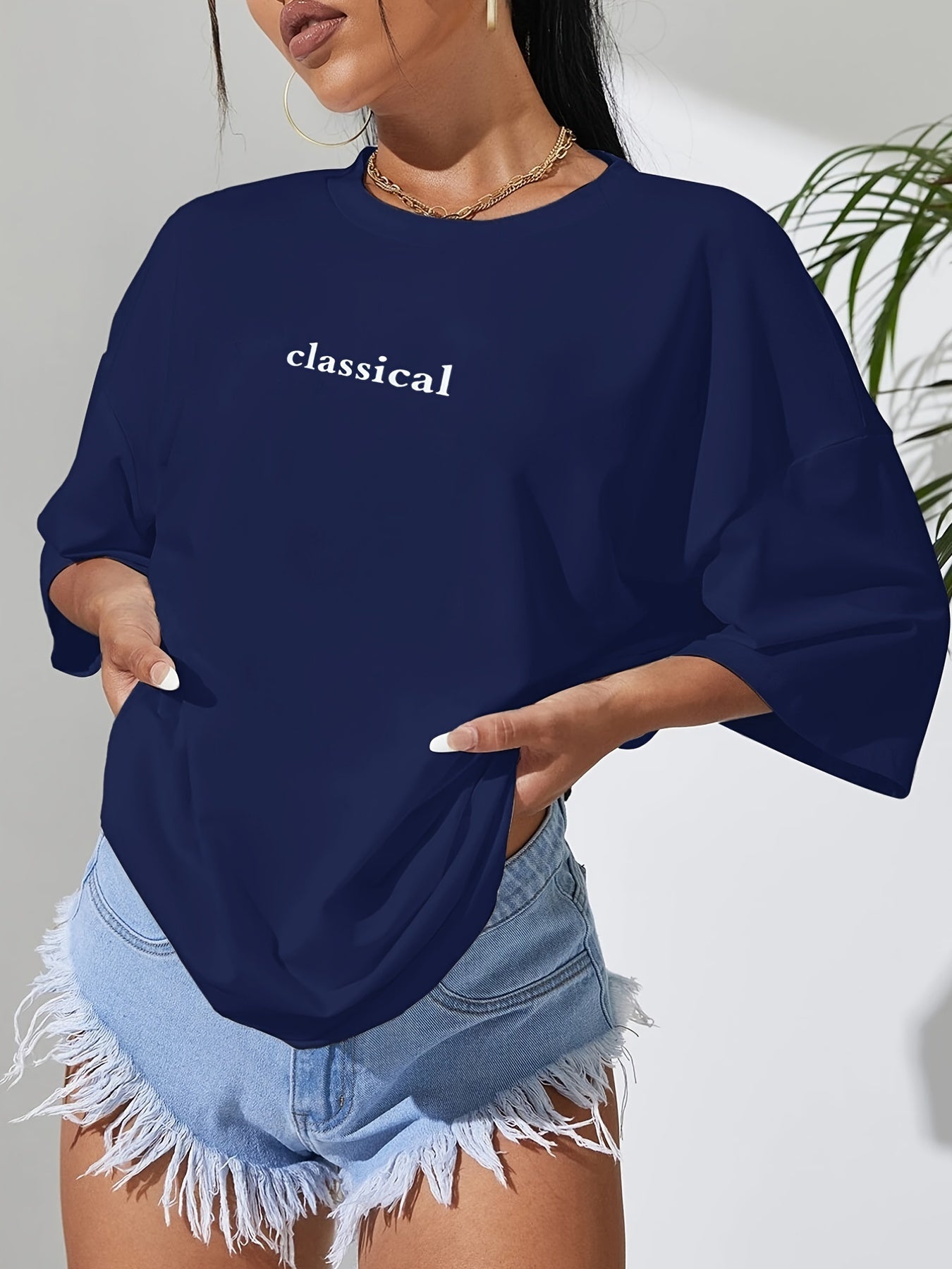 Classical Print Oversized T-Shirt, Crew Neck Casual Top For Summer & Spring, Women's Clothing