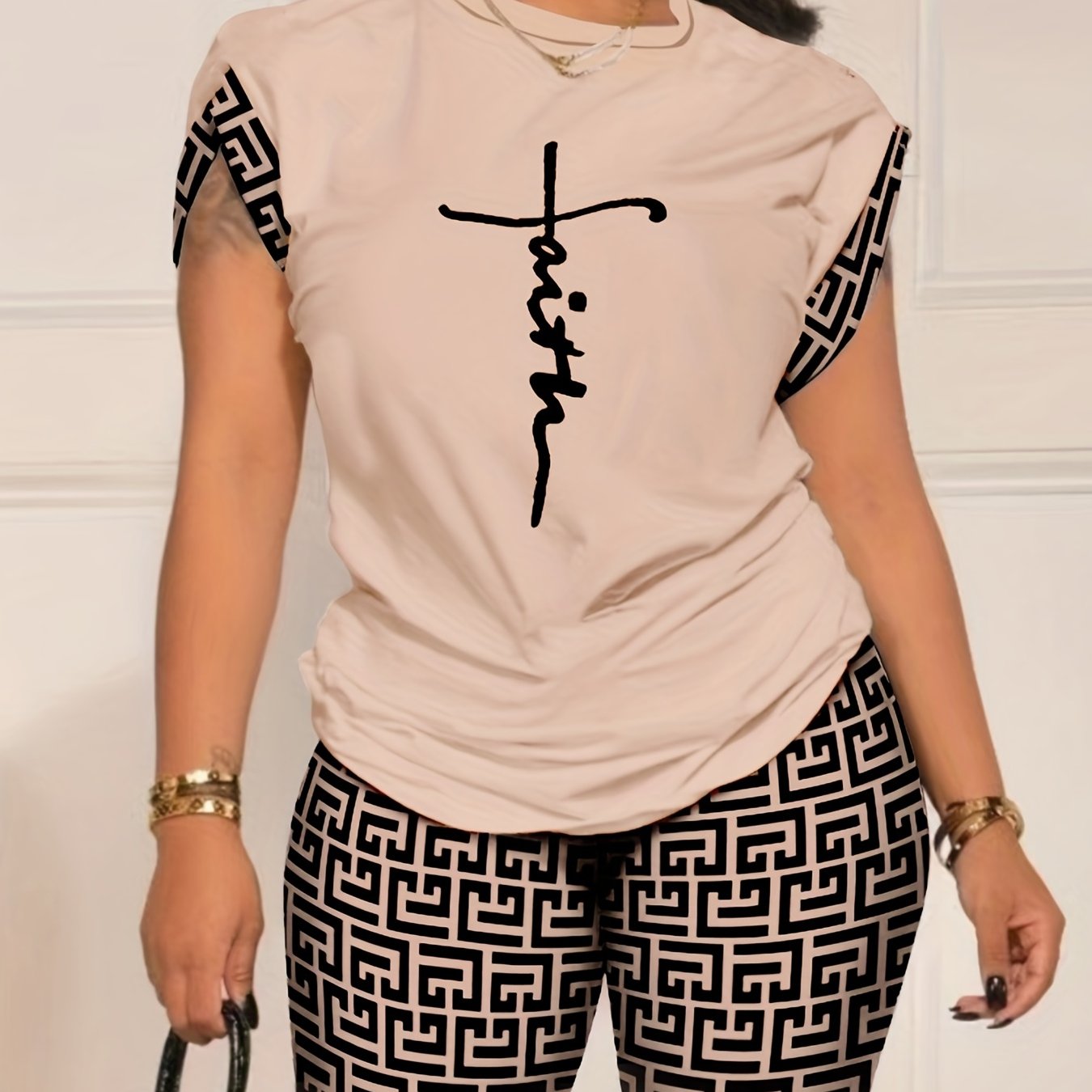 Two-Piece Geo Print Matching Set - Casual Short Sleeve Crew Neck T-Shirt & Biker Shorts Outfit - Polyester Knit Fabric, Mid Elasticity, Positioning Printing, All Seasons, Regular Fit