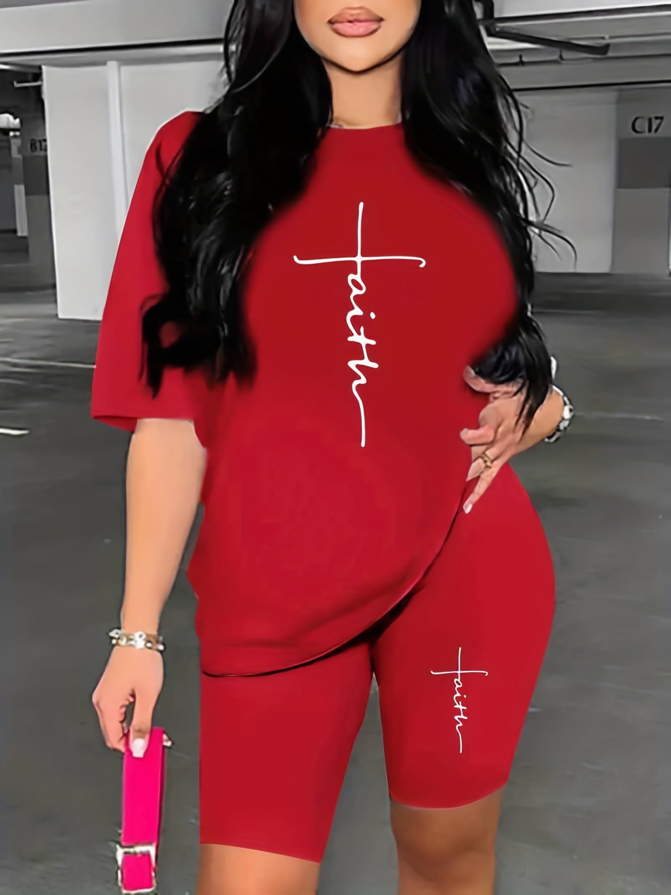 2-Piece Faith & Cross Print Crew Neck Short Sleeve T-Shirt & Shorts Set - Soft Mid-Elasticity Polyester Knit Fabric, Striped Pattern, Positioning Printing, Perfect for Spring & Summer Casual Wear
