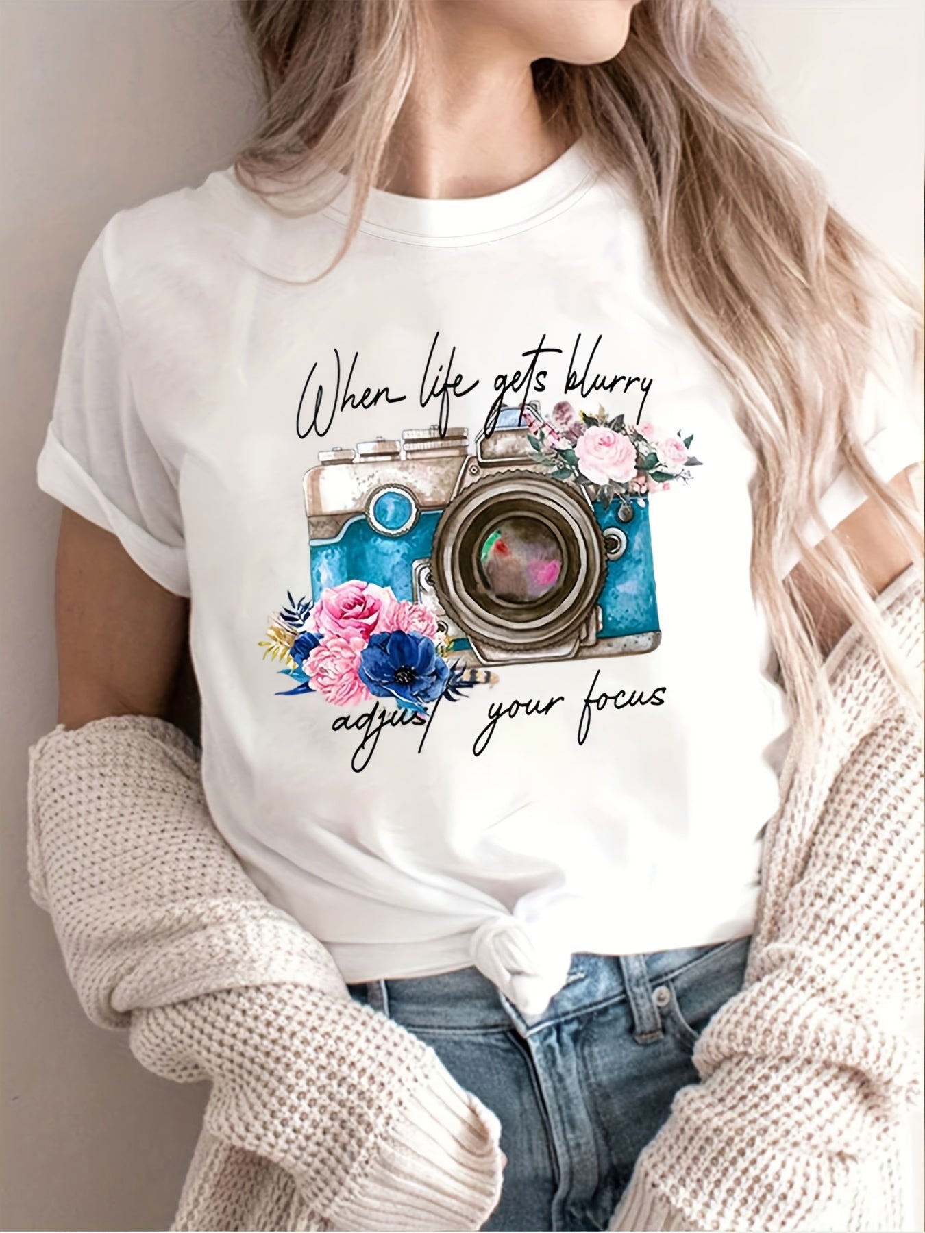 Trendy Flower Camera Print Womens T-Shirt - Soft Cotton Blend, Short Sleeve Crew Neck - Perfect Casual Style for Spring & Summer