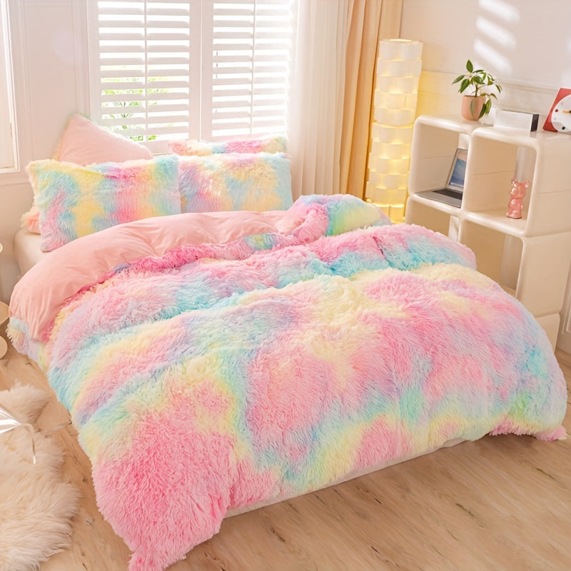 3pcs Y2K Tie Dye Plush Duvet Cover Set ( 1 Duvet Cover + 2 Pillowcase), Soft & Warm Bedding Set