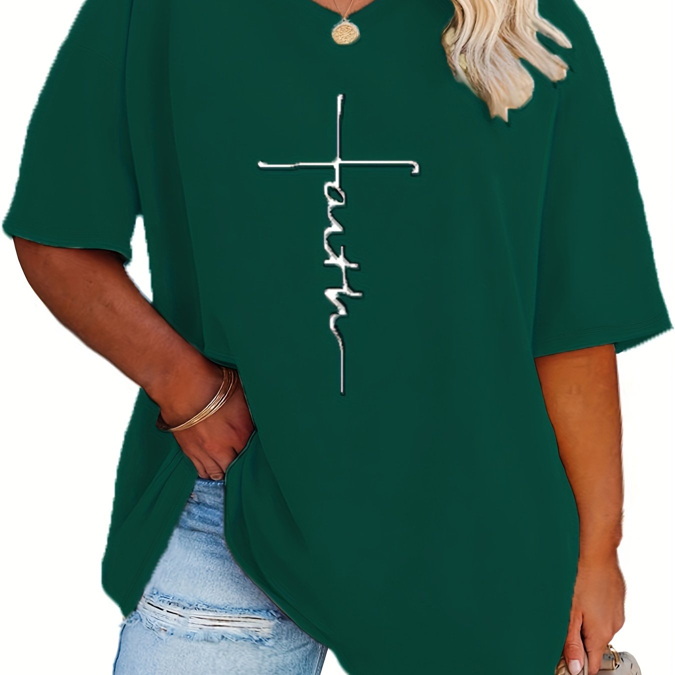 Plus Size Womens V Neck Casual T-shirt - Soft Slight Stretch Polyester Fabric, Alphabets Letter Print, Short Sleeve, Machine Washable - Perfect for Summer