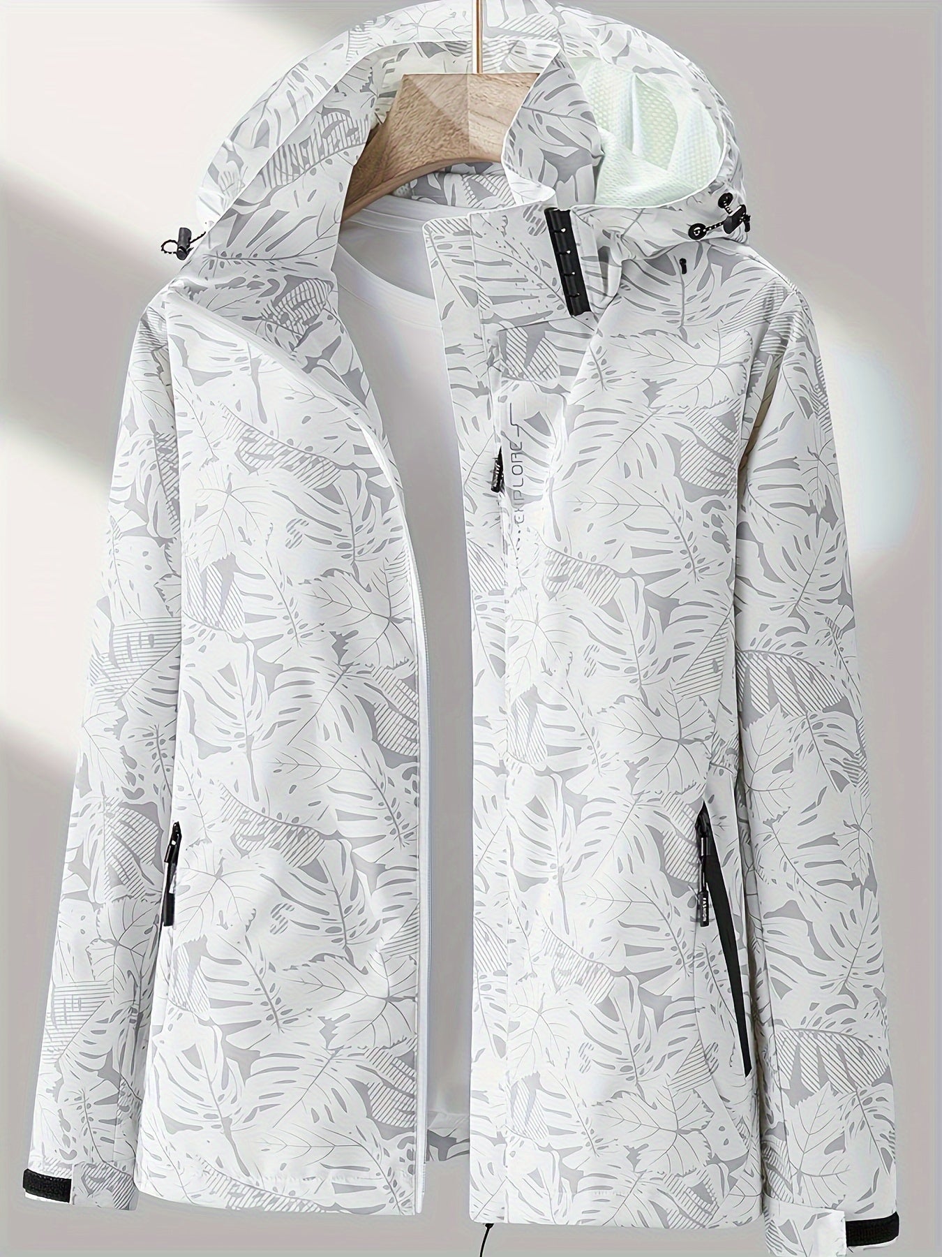 Women'S Lightweight Hooded Jacket - Casual Zip-Up Outdoor with Tropical Leaf Print, Removable Hood & Adjustable Cuffs for Spring Summer Fall, Hiking, Travel, Camping, Camping Gear