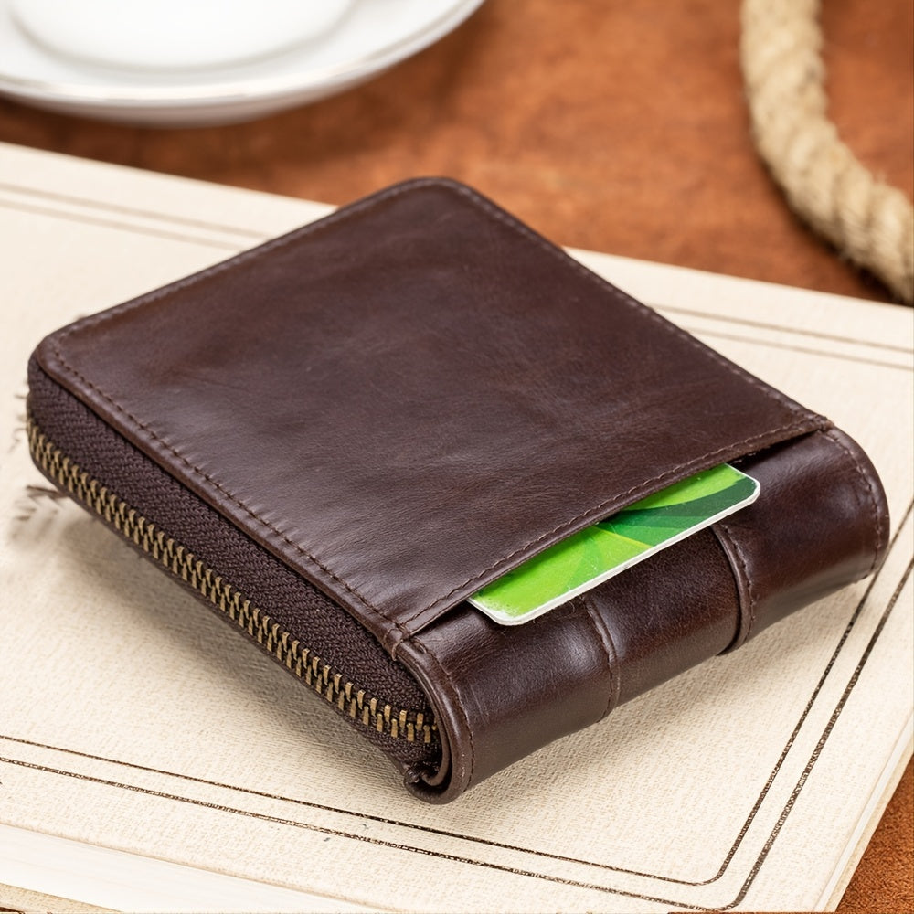 Men's Retro Genuine Leather Multi-Card Wallet with Zip, Large Capacity, Anti-Theft
