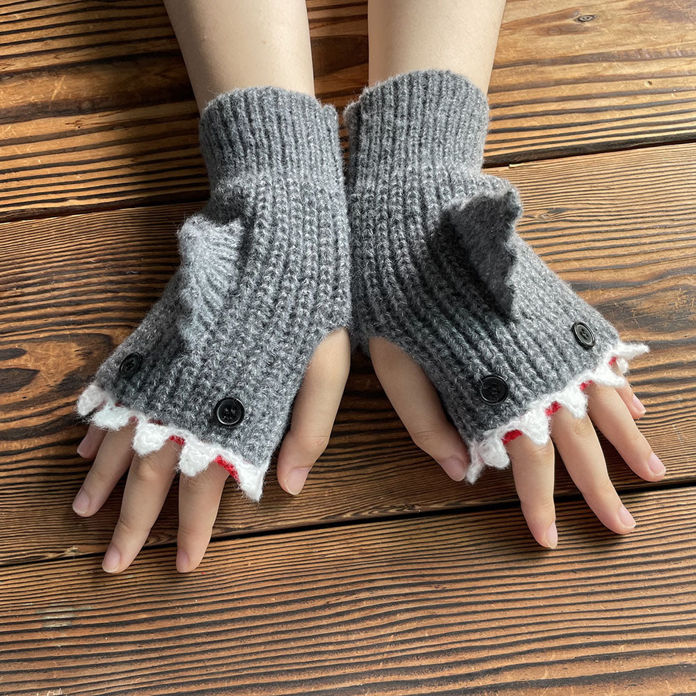 1pair Funny Handmade Shark Gloves - Wool Winter Warm Half-finger Gloves for Christmas Gifts