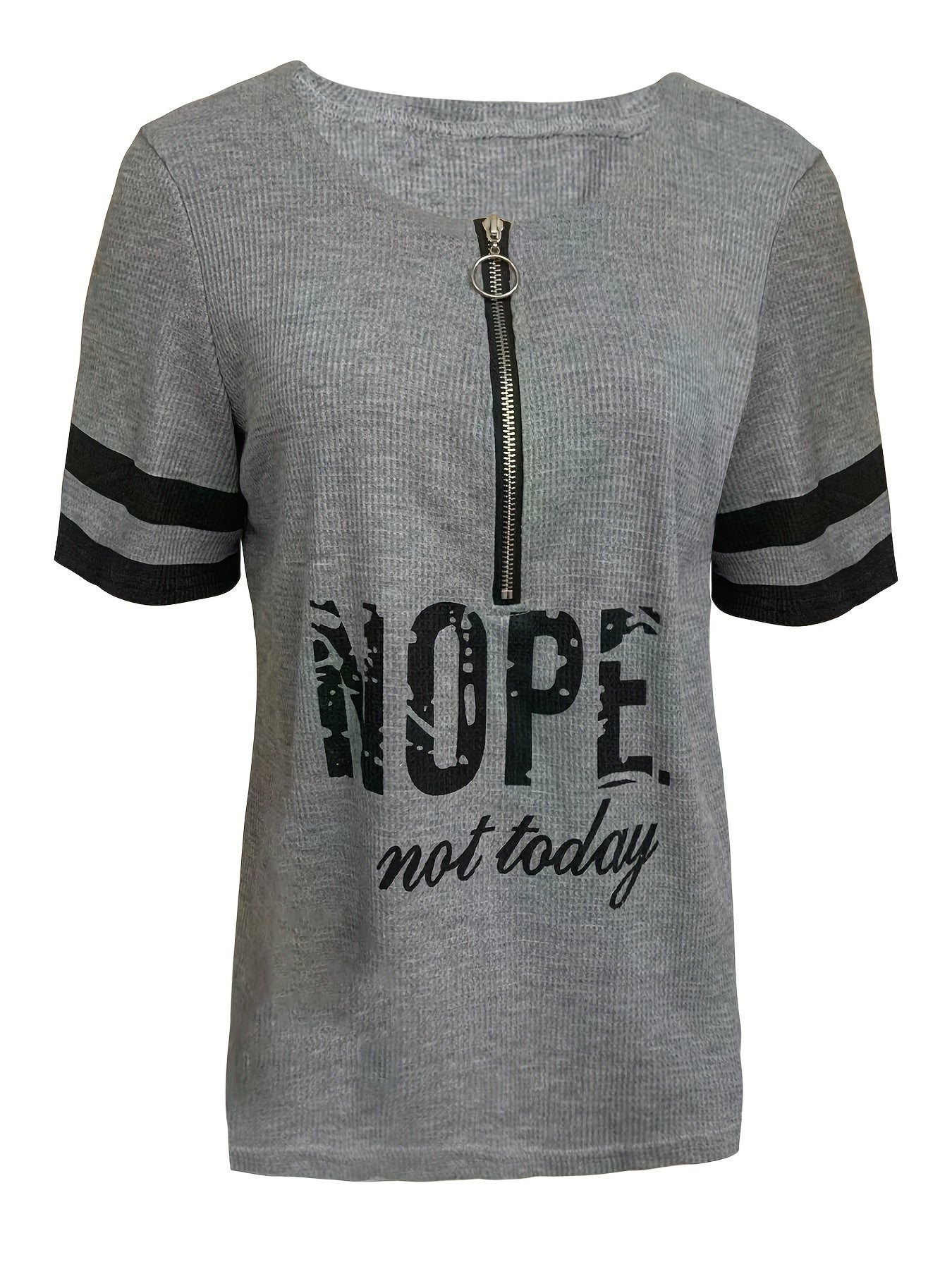 Stripe & Letter Print Zipper Front T-Shirt for Women, Casual Short Sleeve Summer Tops