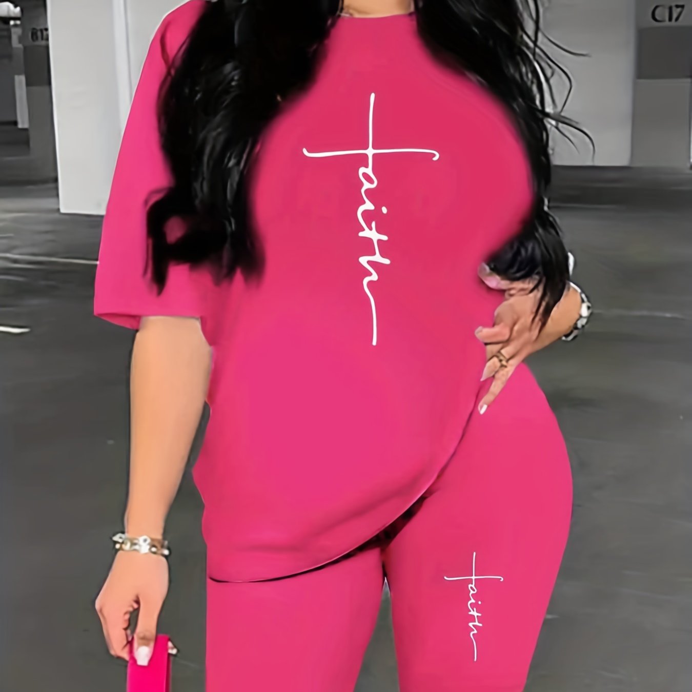 2-Piece Faith & Cross Print Crew Neck Short Sleeve T-Shirt & Shorts Set - Soft Mid-Elasticity Polyester Knit Fabric, Striped Pattern, Positioning Printing, Perfect for Spring & Summer Casual Wear