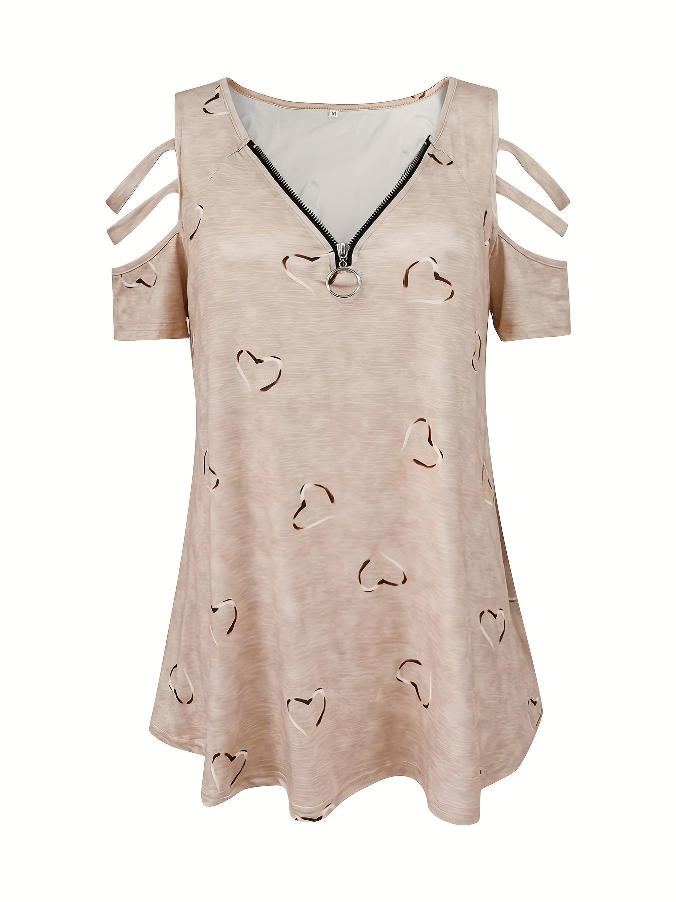 Women's Casual V-Neck Zip-Up T-Shirt with Unique Asymmetrical Geometric Print, Short Sleeves - Lightweight Polyester Blend, Perfect for Spring/Summer/Fall, Autumn Casualwear | Vneck Top | Smooth Fabric