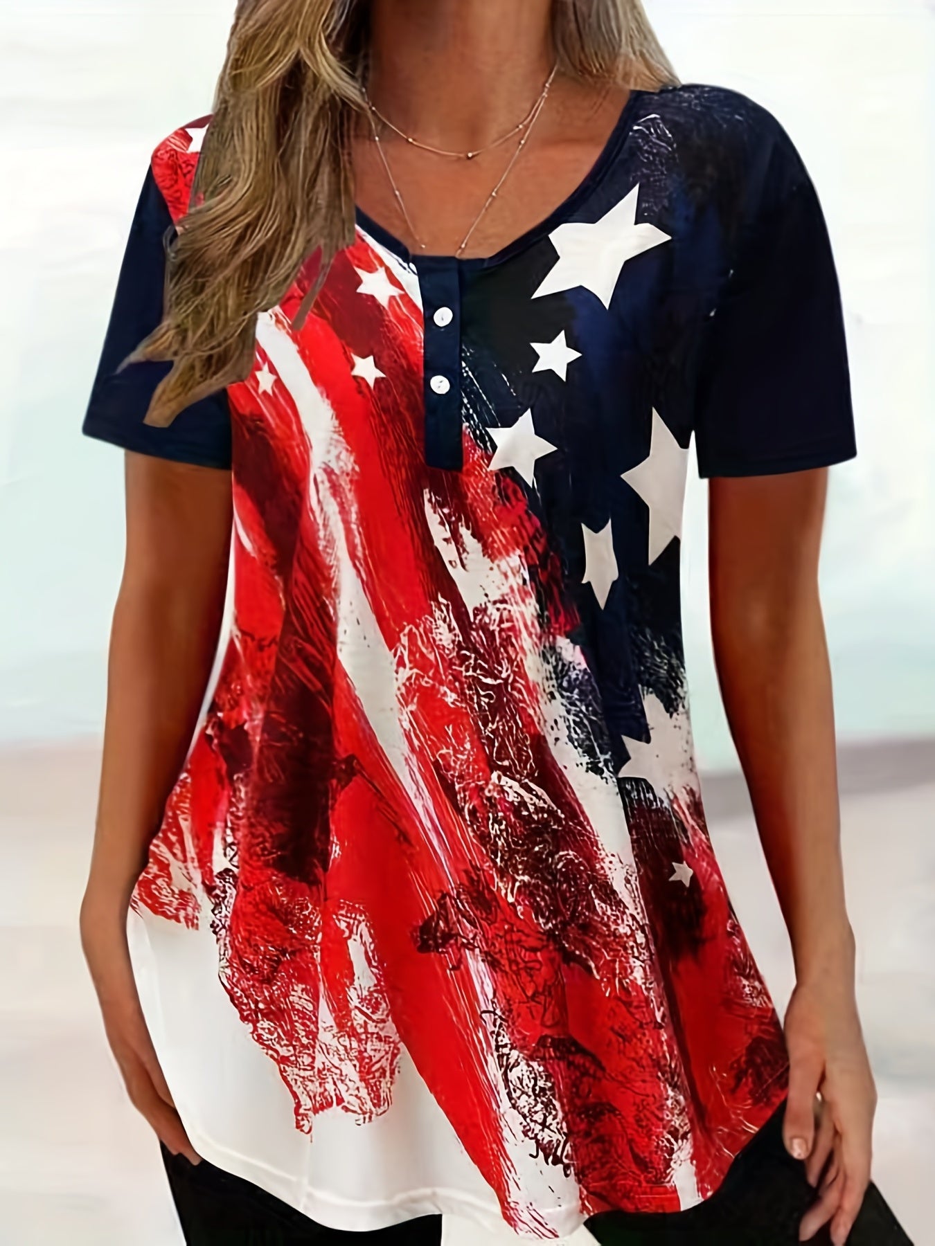 Patriotic Stretch-Cotton T-Shirt - Women's Casual Button-Up, American Flag Print, Perfect for Summer