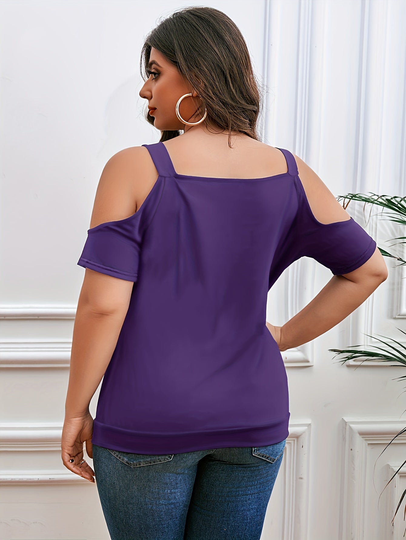 Plus Size Elegant T-shirt - Flattering Fit, Trendy Cold Shoulder, Exquisite Lace Trim, Chic Cowl Neck, Ruched Details for a Slimming Effect - Designed for Women
